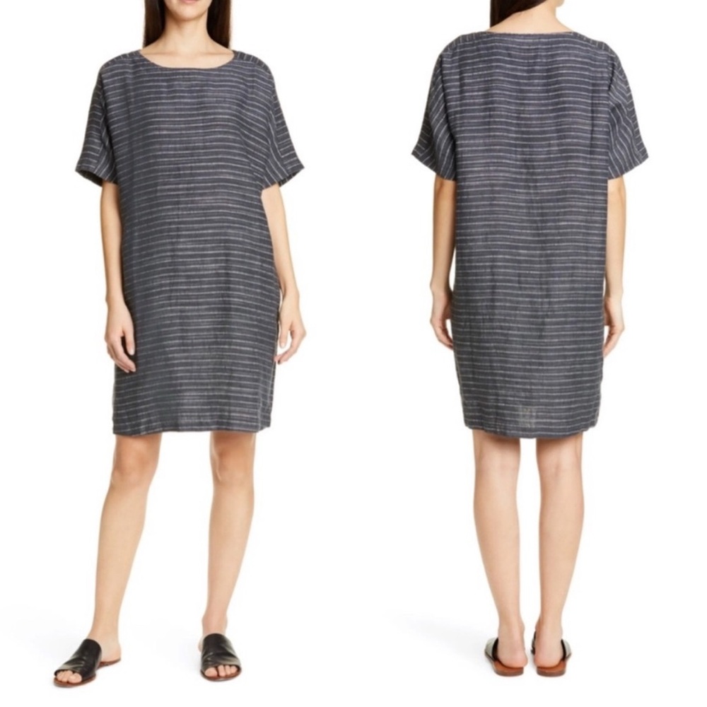NWOT Eileen Fisher Delave Organic Linen Scoop Neck Pinstriped Tunic Dress XL